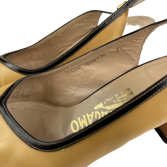 Vintage Salvatore Ferragamo Sling-back Black Tan Career Heels 8B Made In Italy - Picture 4 of 15